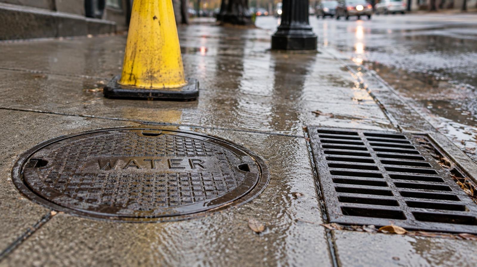 Metal utility hatch and storm drain grate on a wet sidewalk with a yellow safety cone.