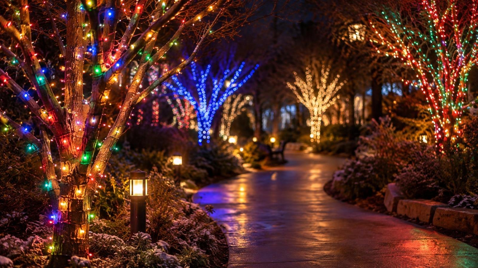 Multicolored holiday lights glowing on bare trees along a paved path at night.