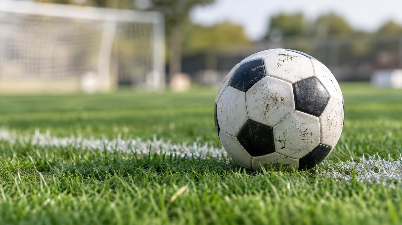 A soccer ball resting on green grass near a white painted line.