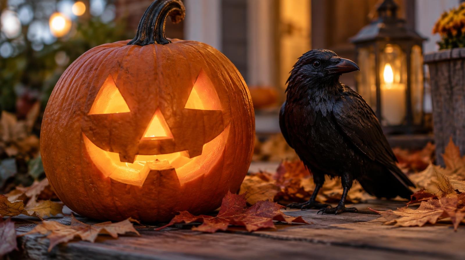A glowing carved pumpkin beside a black raven figurine on autumn leaves.