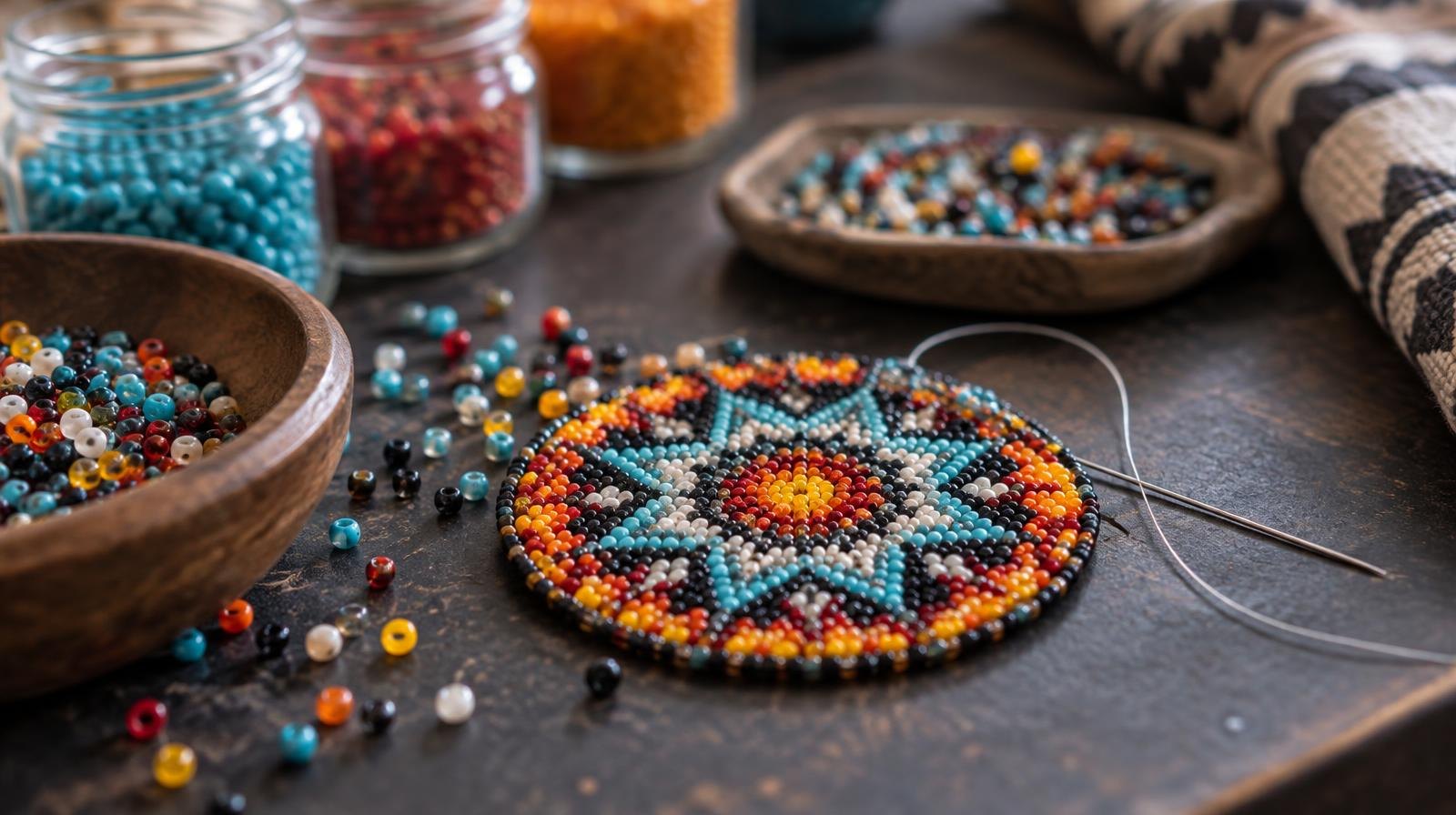 Colorful glass seed beads arranged in a pattern on a dark surface with a needle and thread nearby.
