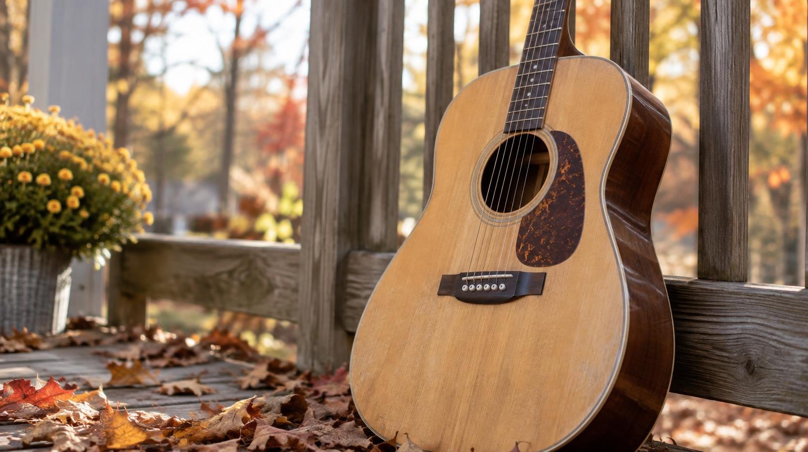 An acoustic guitar leaning against a wooden porch railing with autumn leaves below.