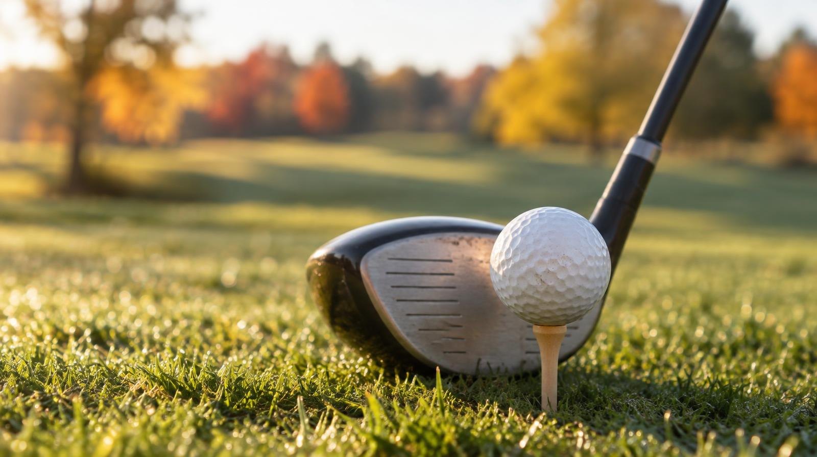 A golf ball on a tee on a lush green fairway with a club head behind it.