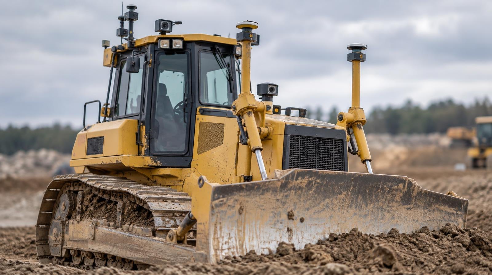 Yellow autonomous bulldozer with sensor mounts on a dirt construction site.