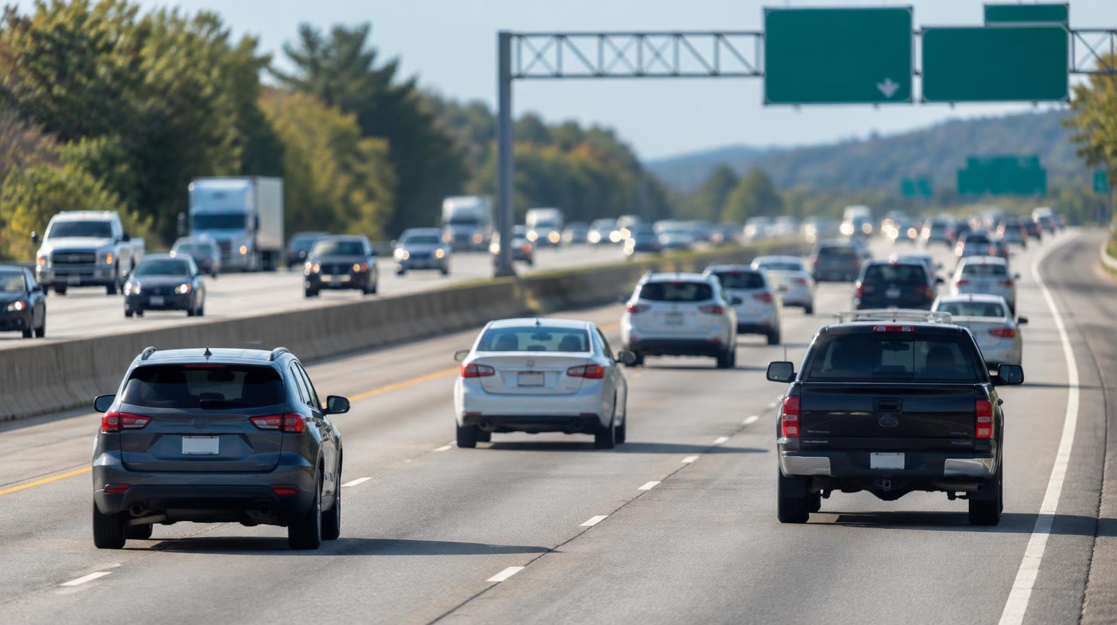 Multi-lane interstate highway with vehicles and green overhead exit signs in the distance.