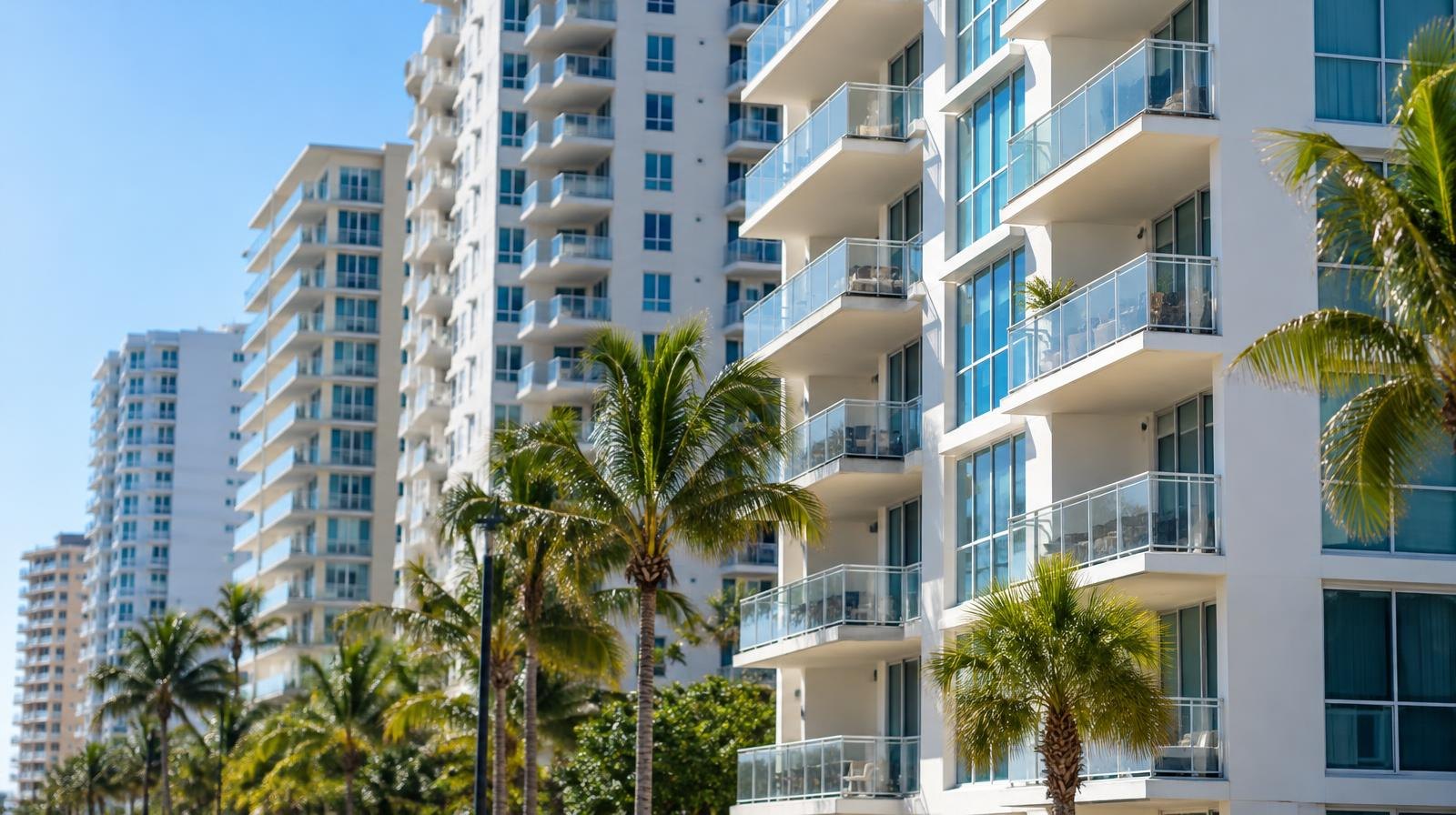 Row of tall beachfront condominium towers with stacked balconies against a blue sky.