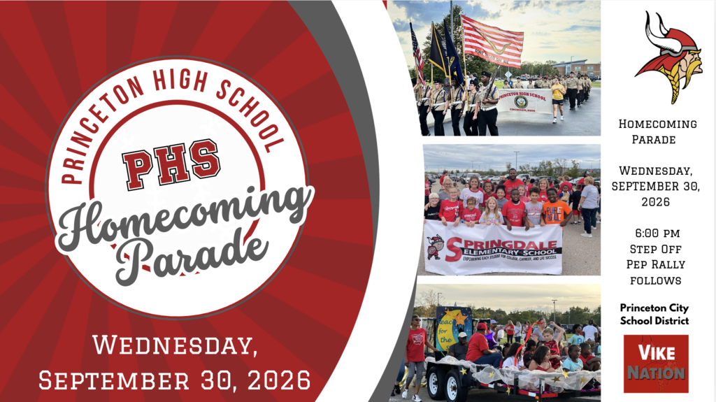 Promotional flyer for a high school homecoming parade with event details and student photos.