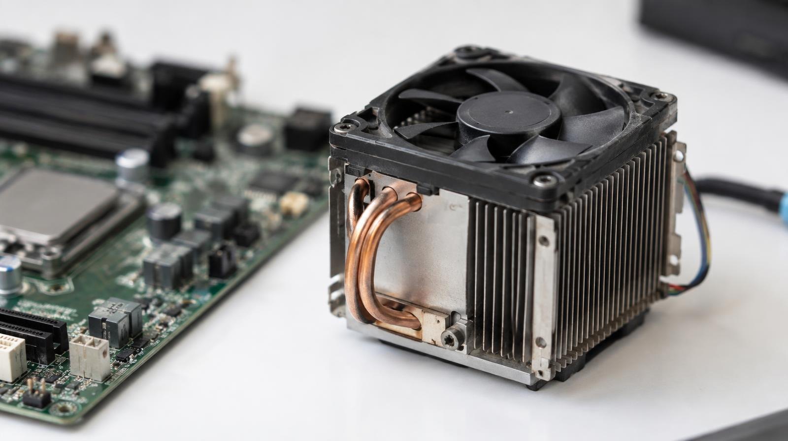 Compact cube-shaped hardware module with heat fins beside a circuit board.