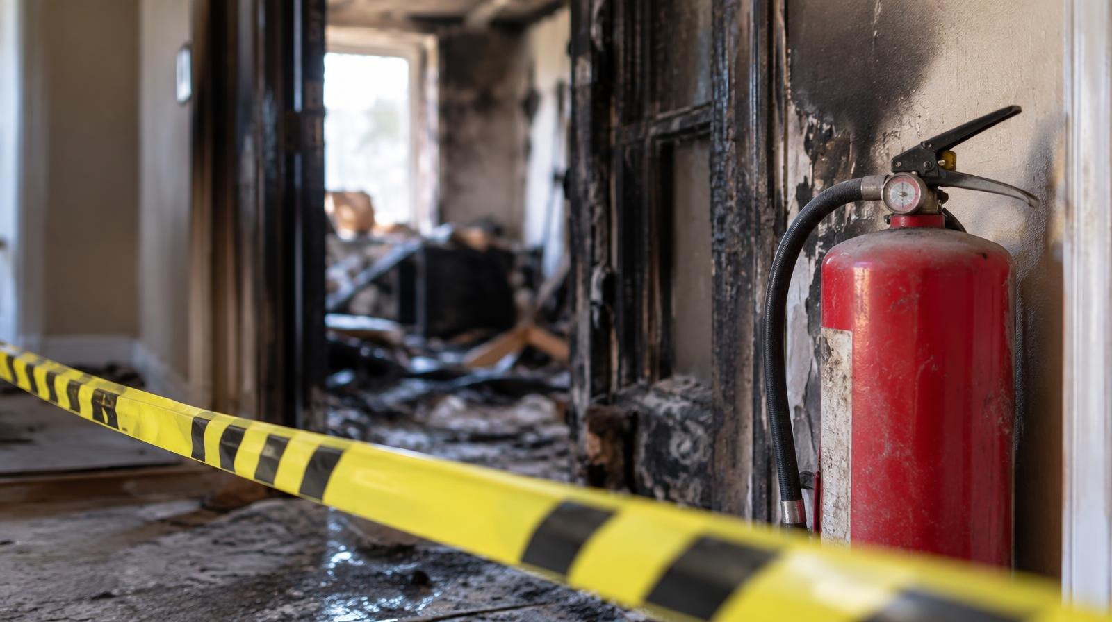 Charred apartment doorway with smoke-blackened walls, caution tape, and a fire extinguisher.