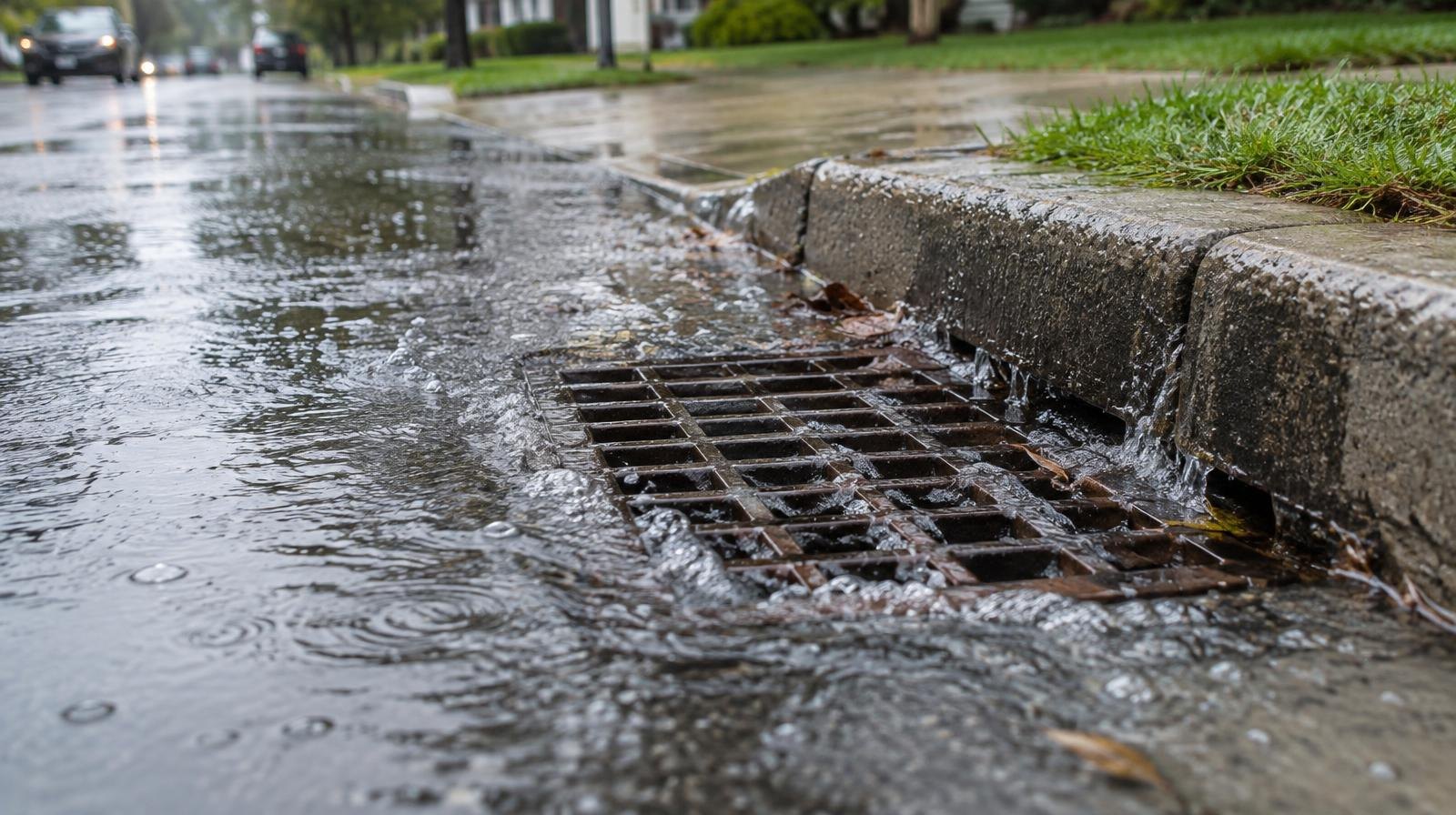 Water flowing into a metal storm drain inlet at a wet concrete curb.