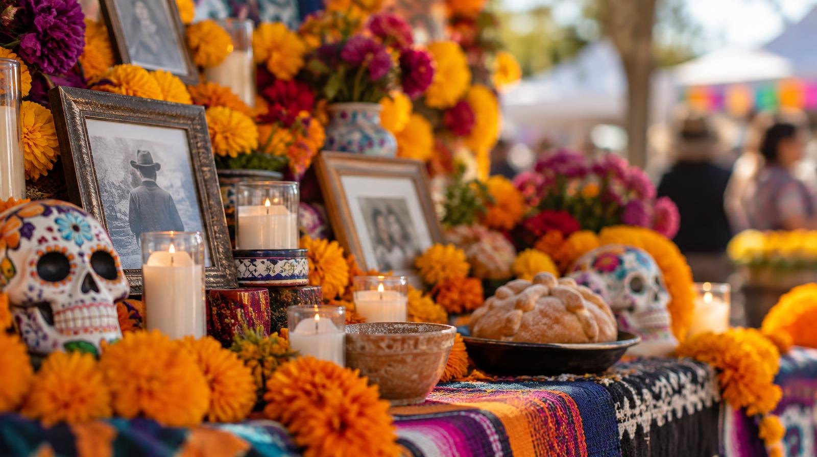 A colorful altar with marigold flowers, candles, and framed photographs outdoors in warm light.