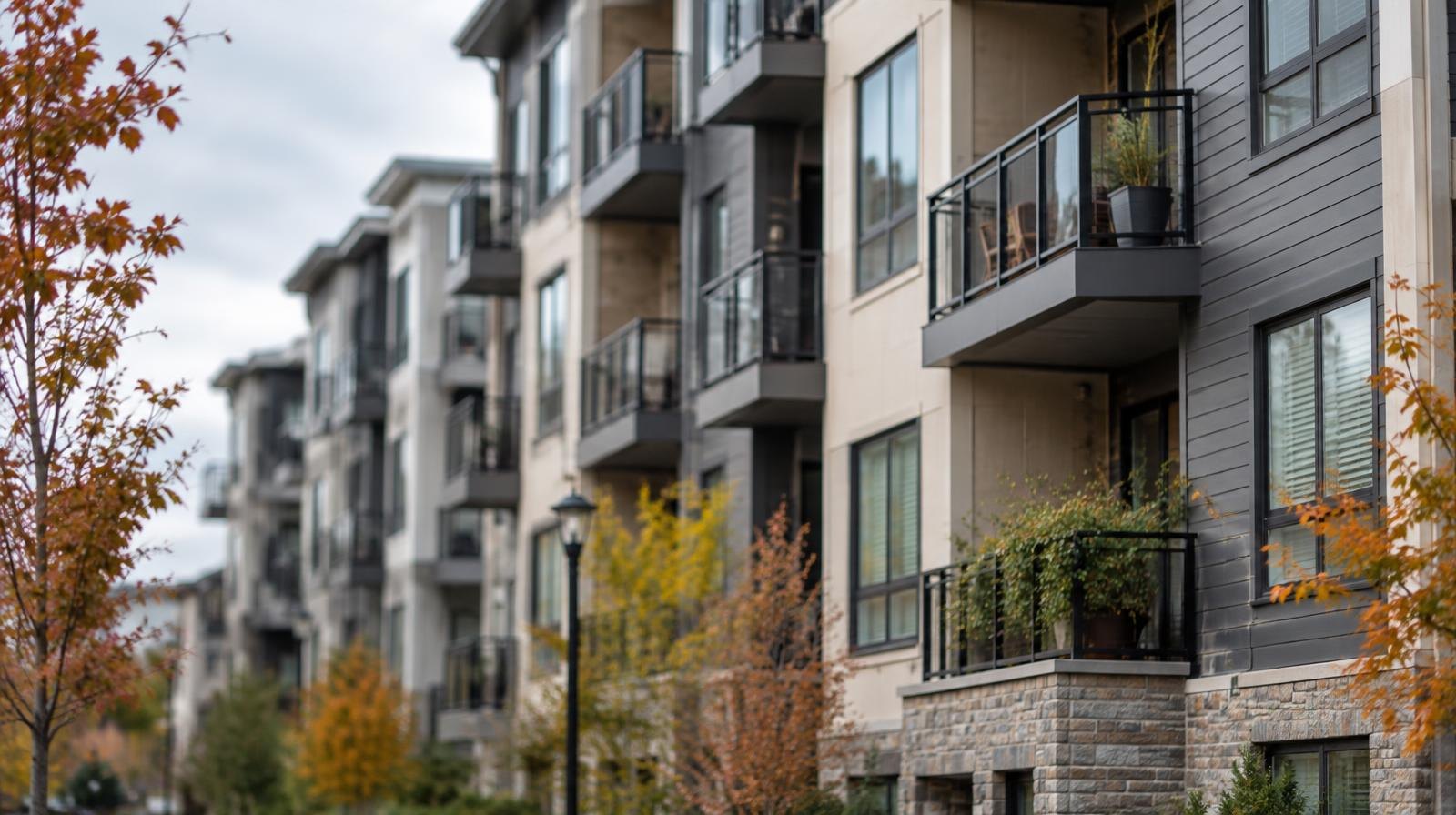 Row of modern condominium buildings with balconies viewed from street level.