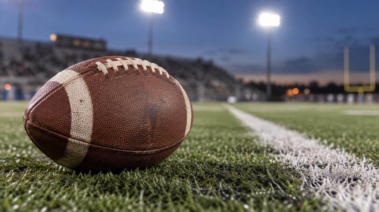 An American football on green turf beside a white yard line under bright lights.