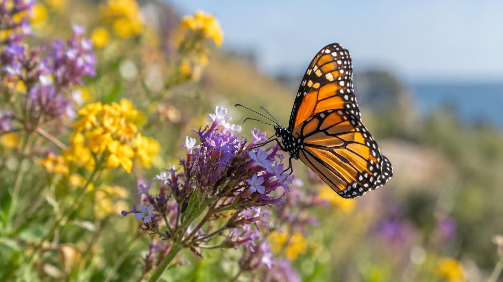Colorful native wildflowers in sunlight with a monarch butterfly on a purple bloom.