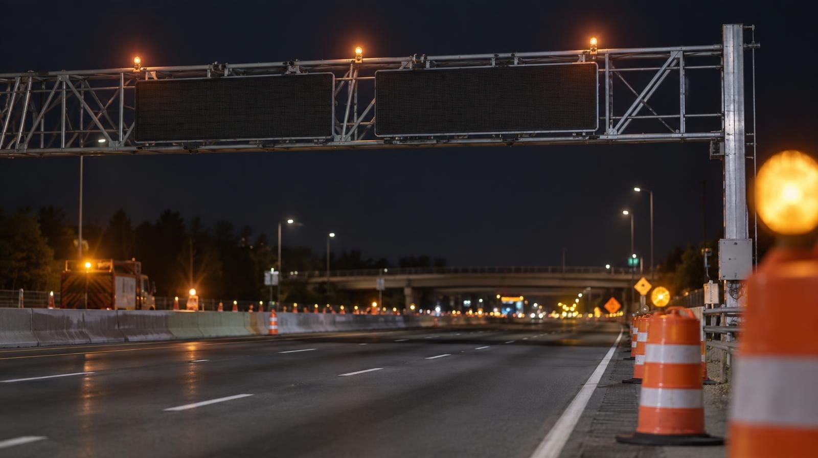 Overhead highway gantry over empty lanes at night with orange construction cones.