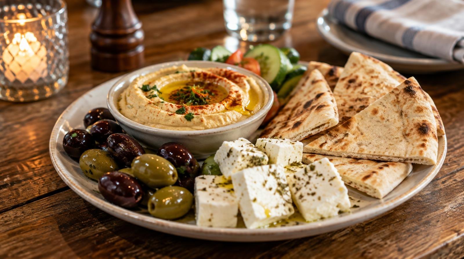 A white plate of Greek mezze with olives, hummus, pita, and feta on a wooden table.