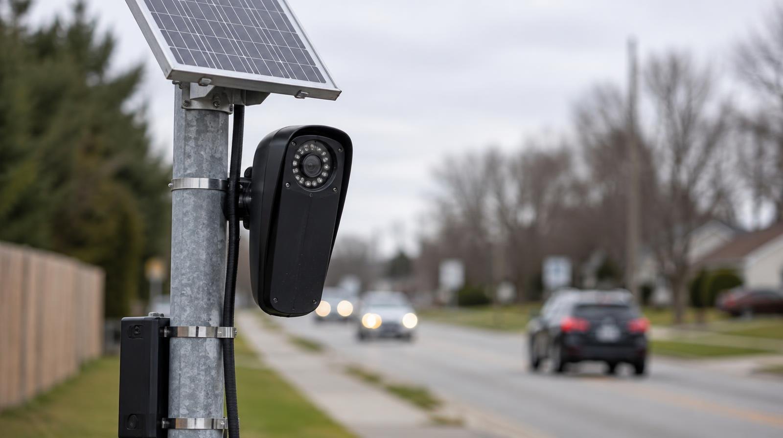 An automated license plate reader camera mounted on a metal pole with a solar panel over a road.