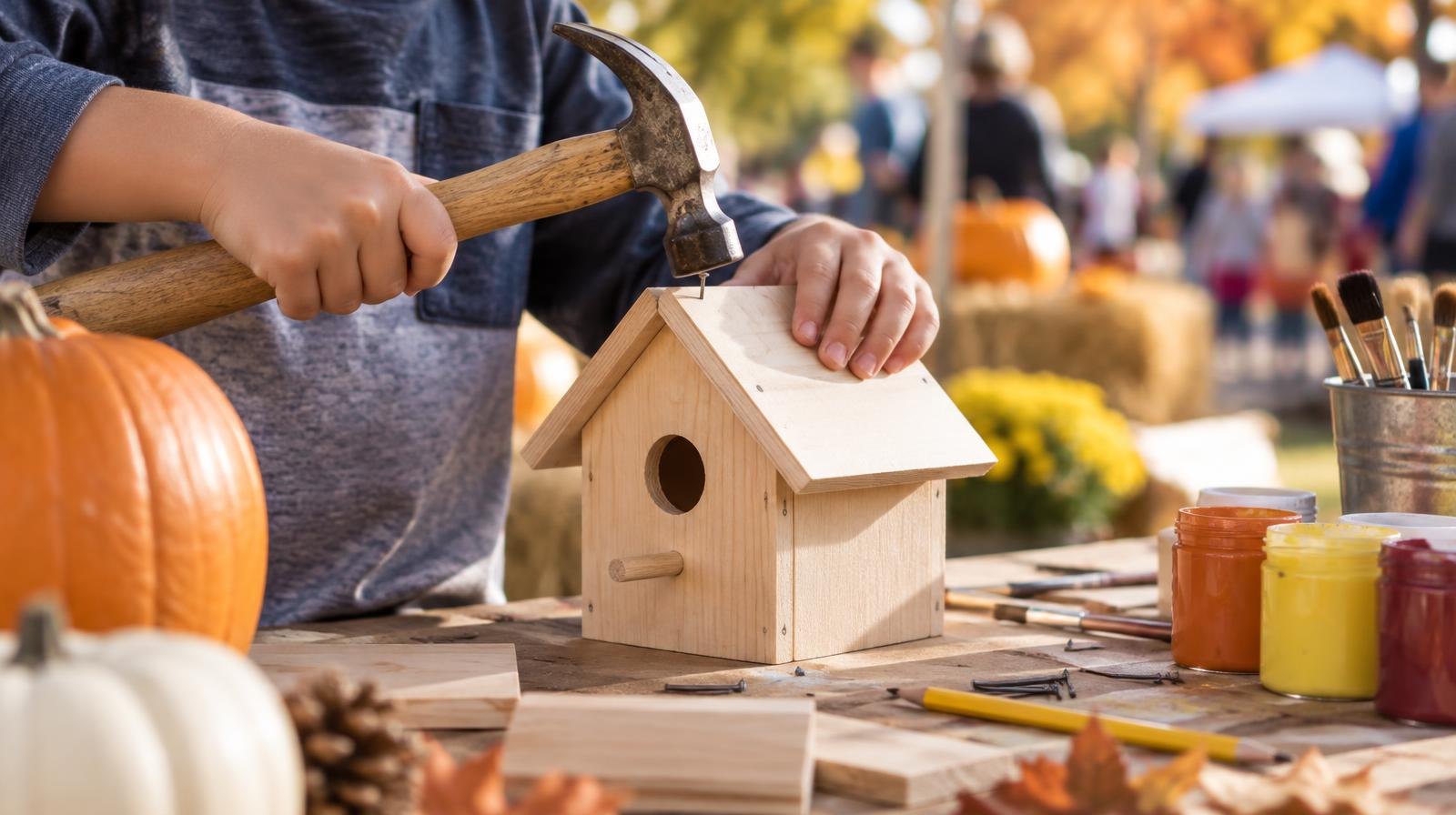 Small wooden birdhouse parts and craft tools arranged on a table.
