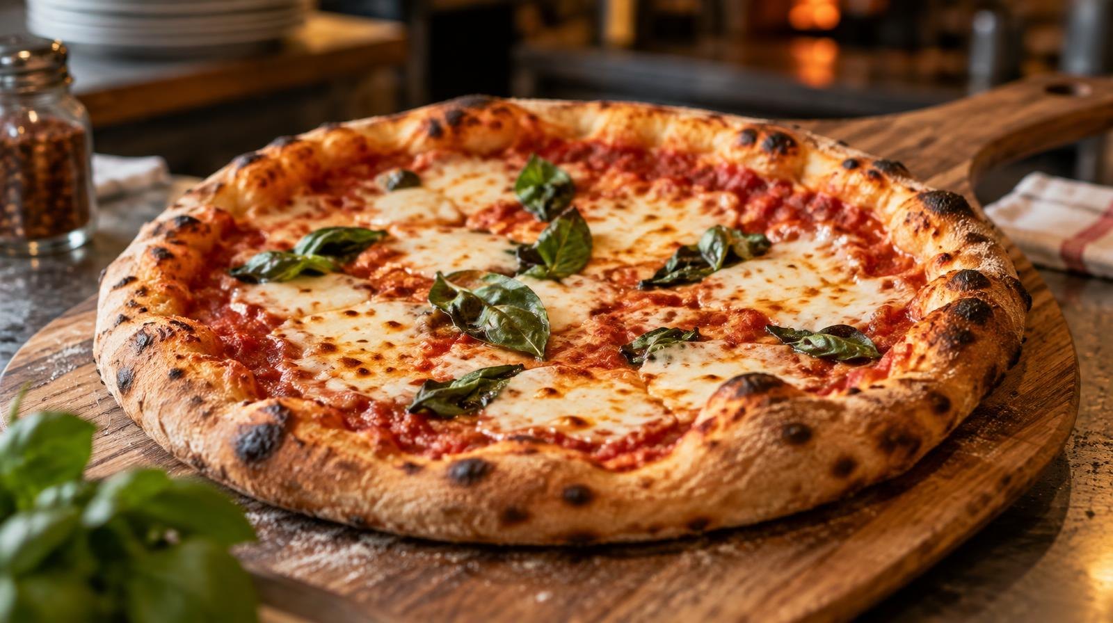 A freshly baked pizza with golden crust, melted cheese, and basil on a wooden peel.