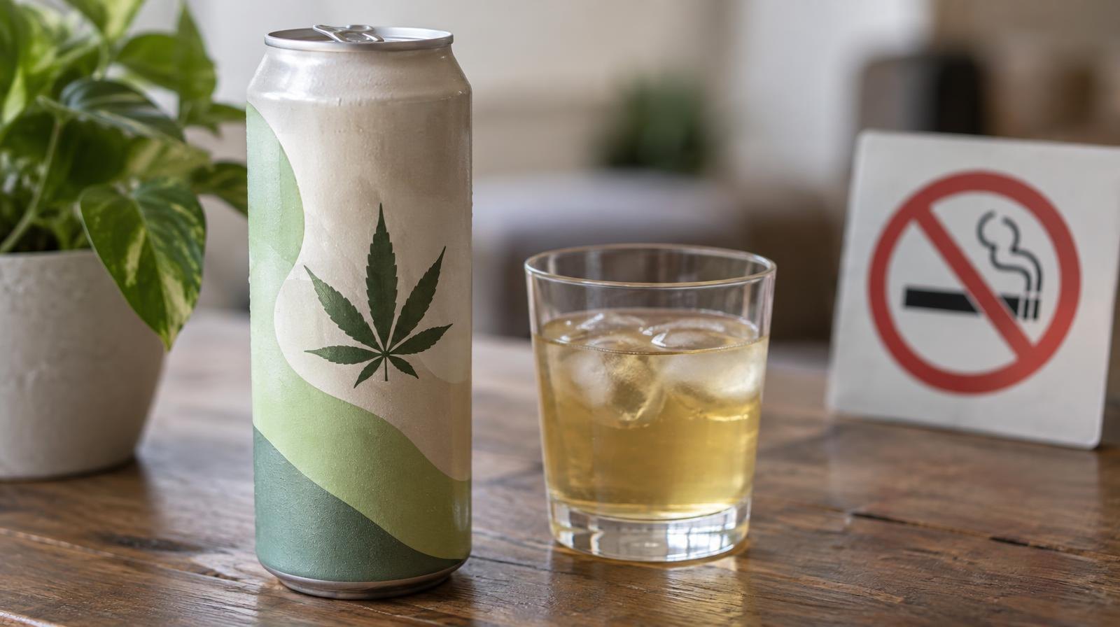 A sealed beverage can and small glass on a wooden surface beside a no-smoking symbol.