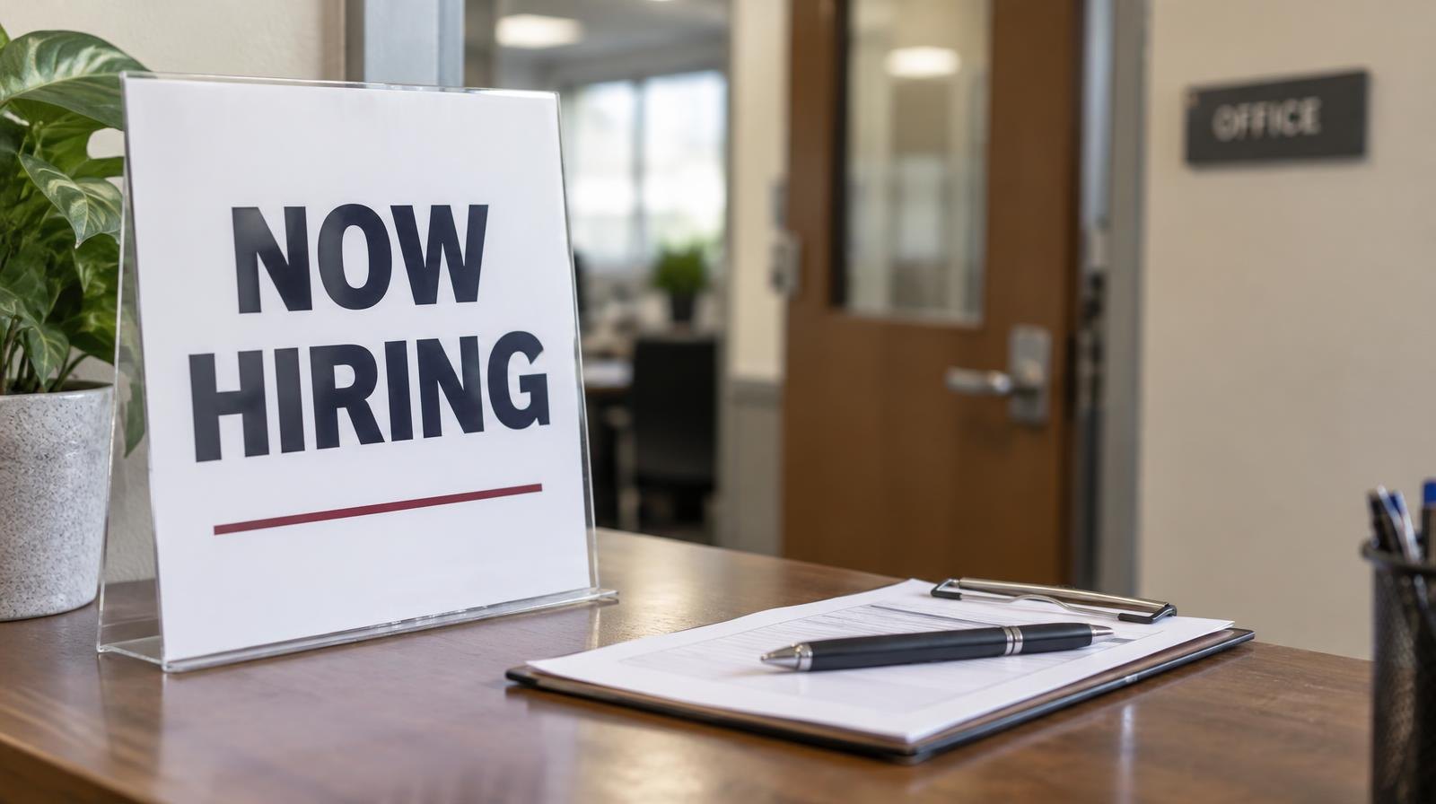 A 'Now Hiring' sign beside a clipboard and pen on a desk.