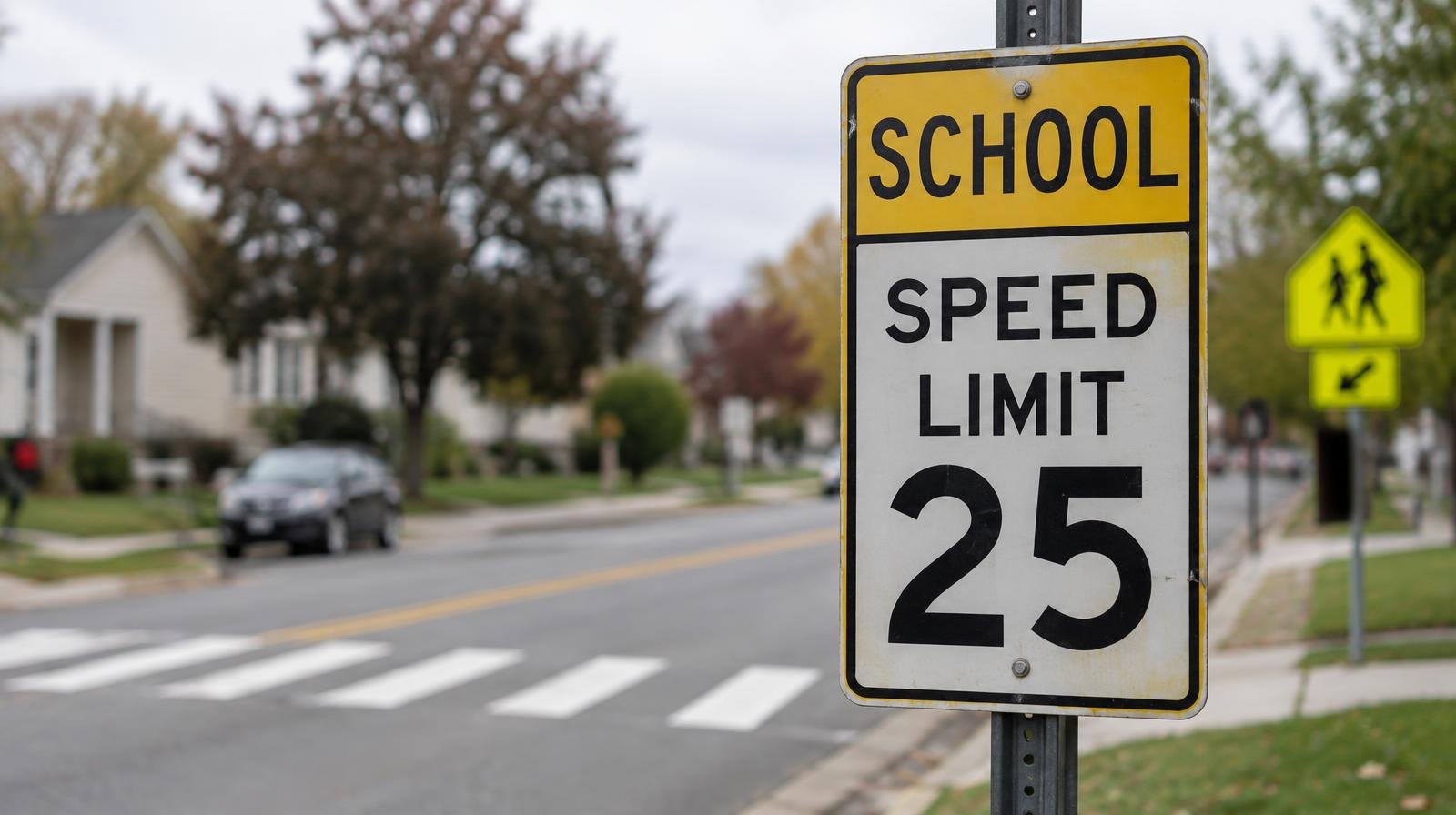 Yellow school zone speed limit sign beside a crosswalk on a residential street.