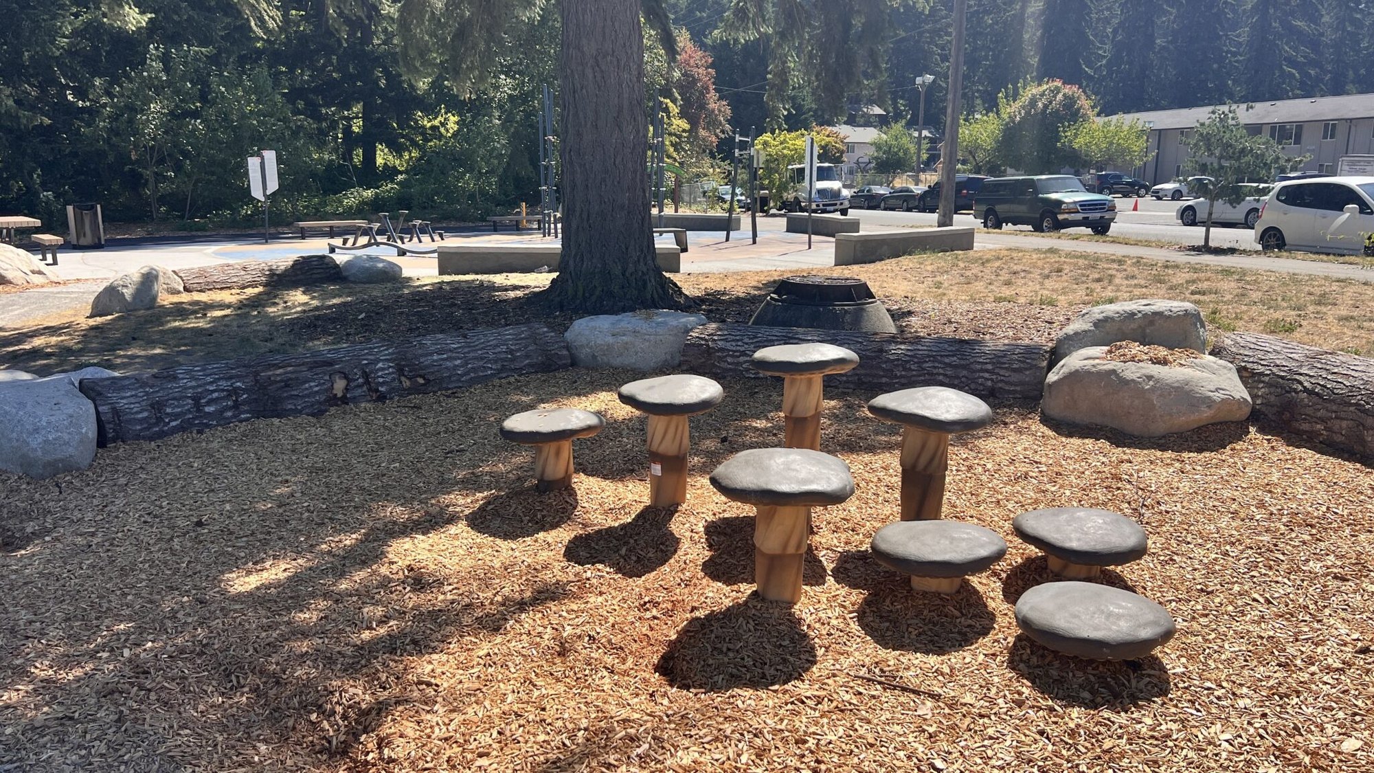 Wooden mushroom-shaped stumps of varying heights arranged on wood-chip ground near boulders and trees.