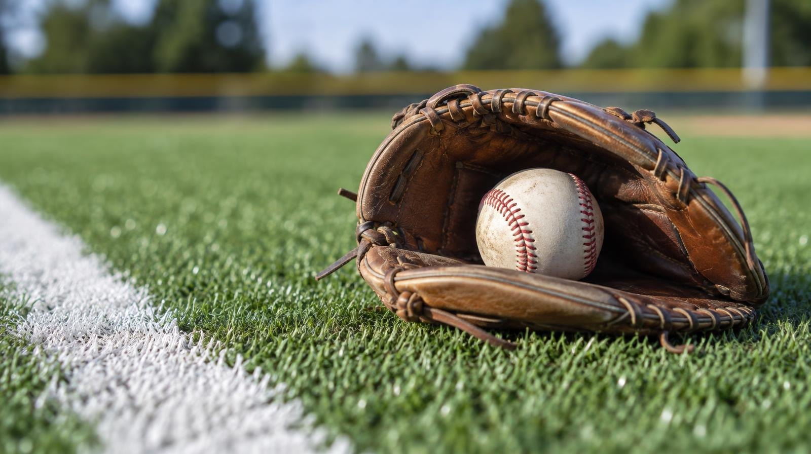 A baseball glove and ball resting on green synthetic turf beside a white chalk baseline.