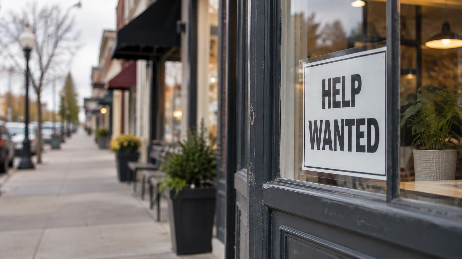 Small business storefronts on a quiet commercial street with a help wanted sign in one window.