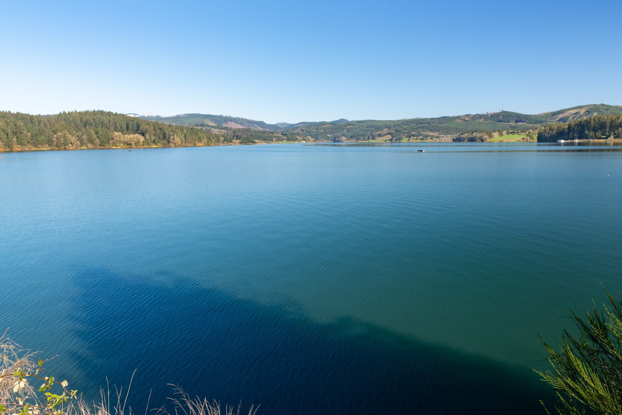 Reservoir with deep blue water and forested hills viewed from above.