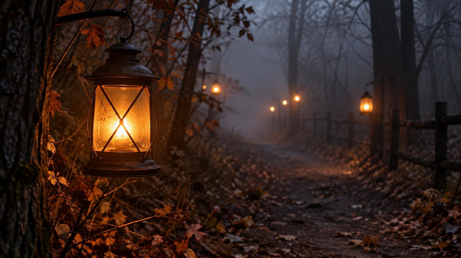 Winding dirt trail through a foggy, dark autumn forest with orange lanterns.