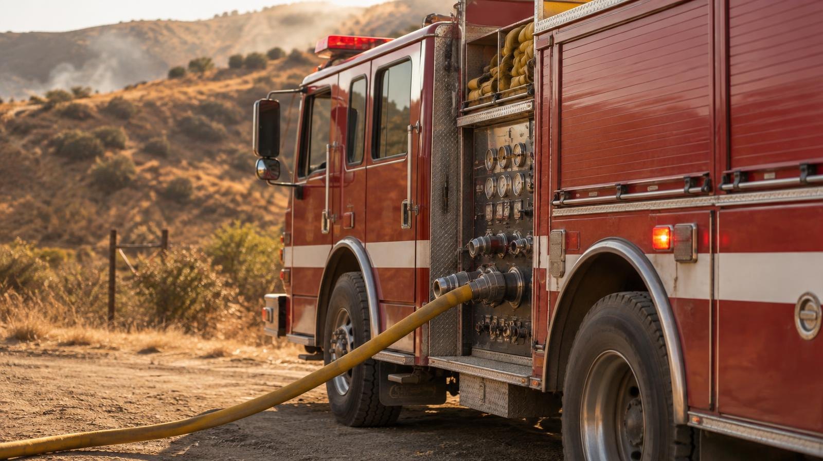 A red fire engine parked on a dirt road surrounded by dry golden hillside brush.