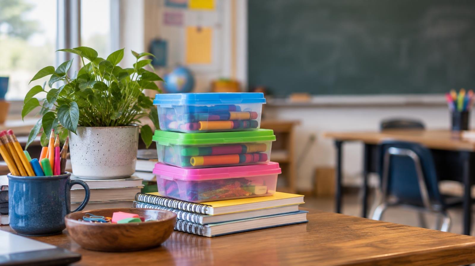 Stack of colorful classroom supply boxes and educational materials on a desk with a chalkboard behind.