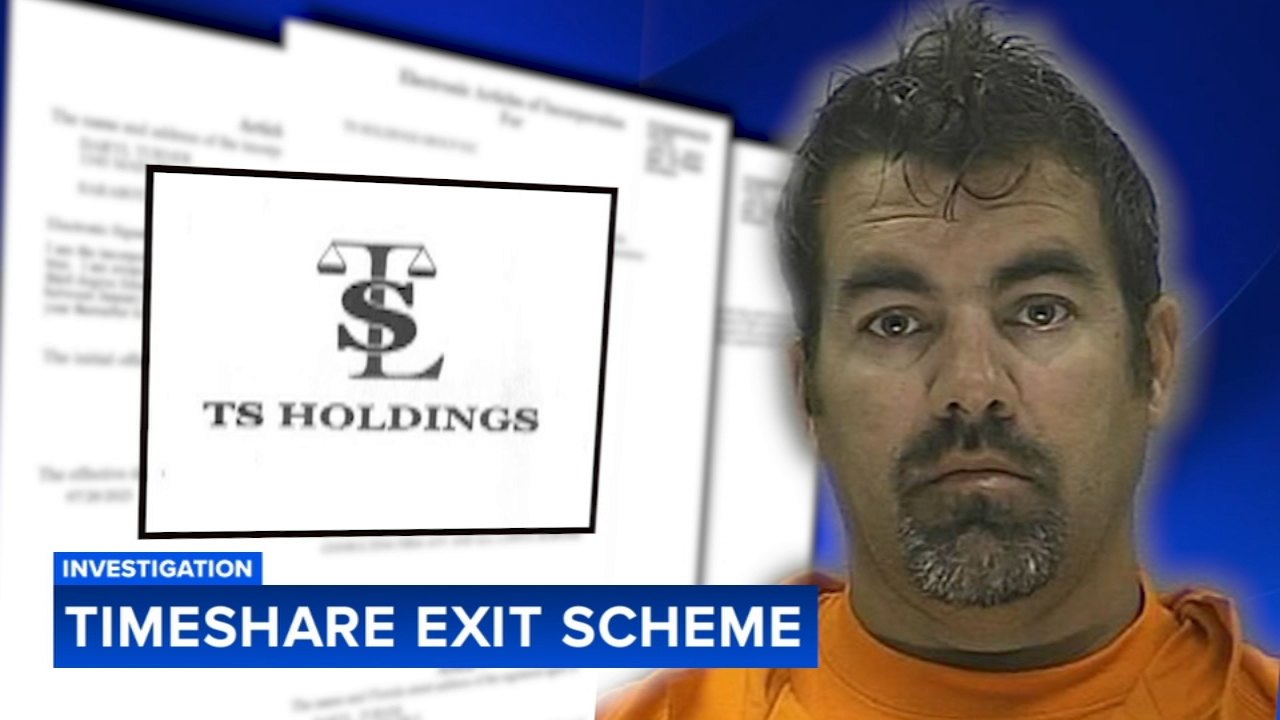 News graphic showing a man in an orange shirt, the TS Holdings logo, and a chyron reading 'Timeshare Exit Scheme.'