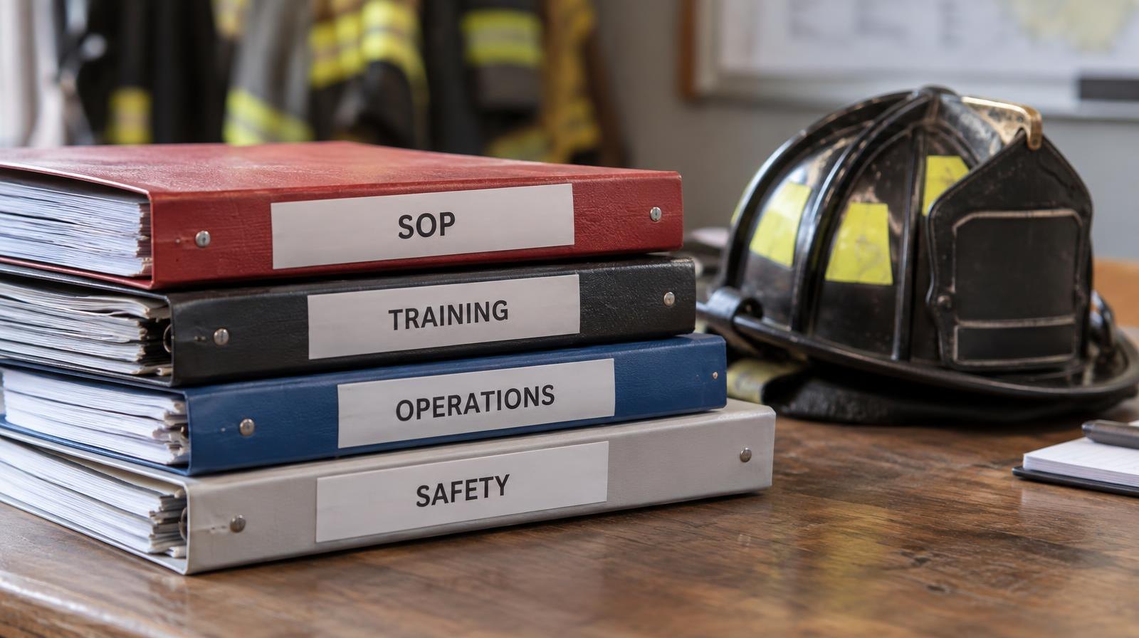 A firefighter's helmet rests beside a stack of tabbed official binders on a wooden table.
