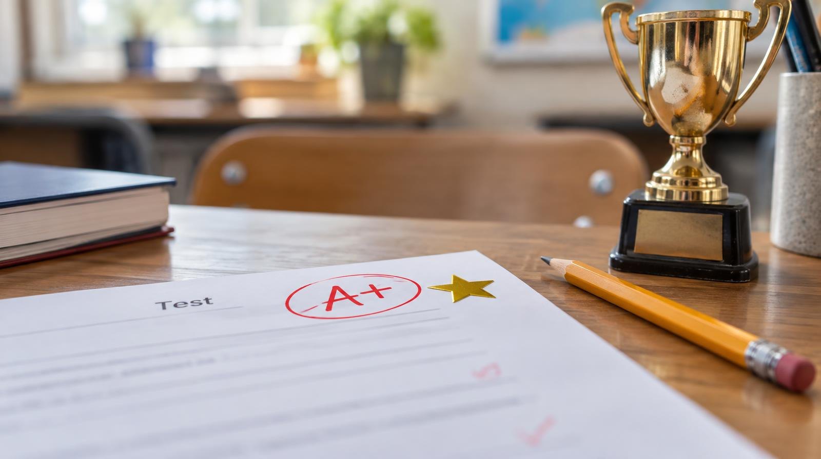 Gold star sticker on a paper beside a pencil and small trophy on a wooden desk.
