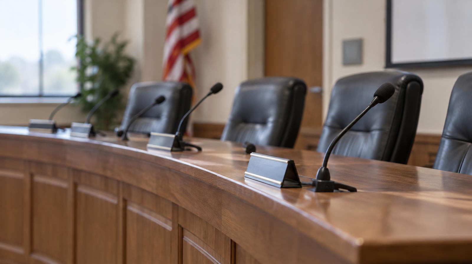 Empty curved dais with name placards and microphones in a meeting room.