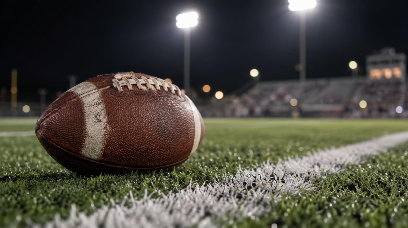 An American football on green artificial turf beside a white yard line under bright lights.