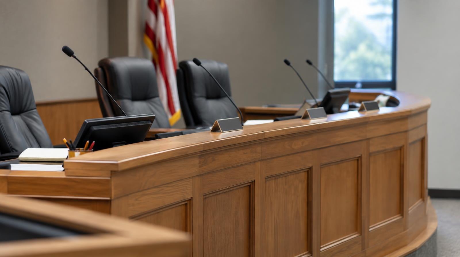 Empty curved wooden dais with microphones and name placards in a government meeting chamber.