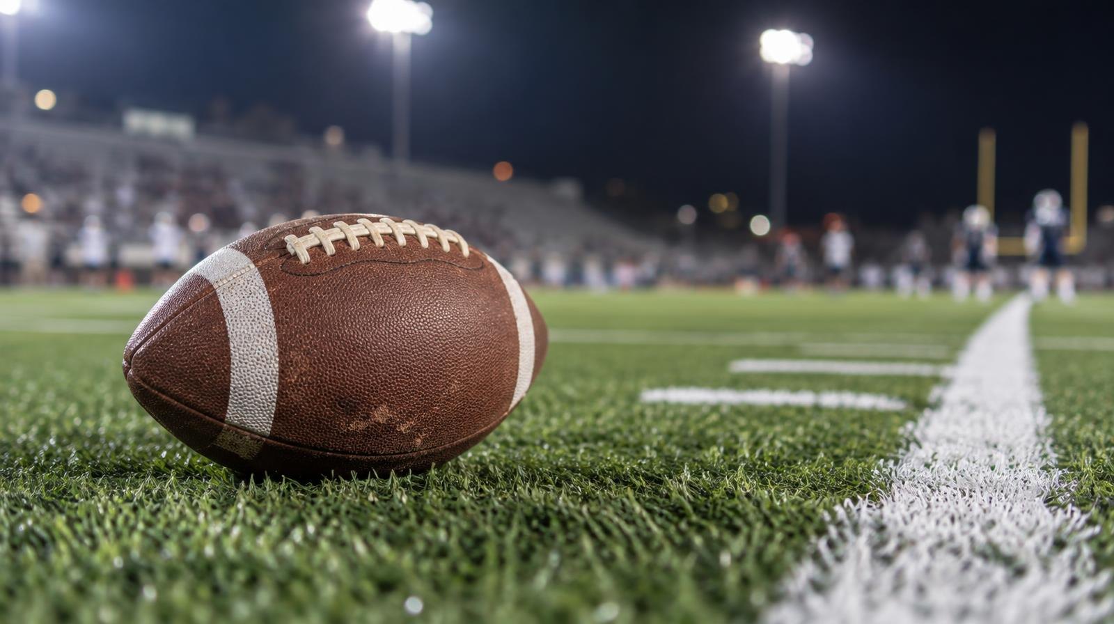 An American football resting on green artificial turf beside a white yard line.