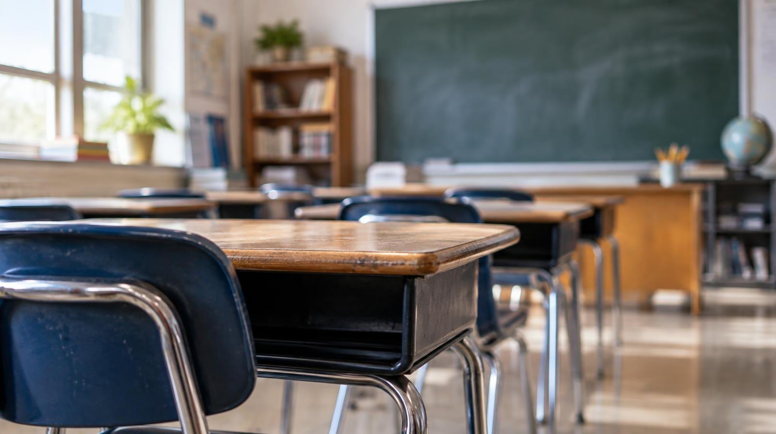 Rows of empty student desks in a sunlit school classroom with a chalkboard at the front.