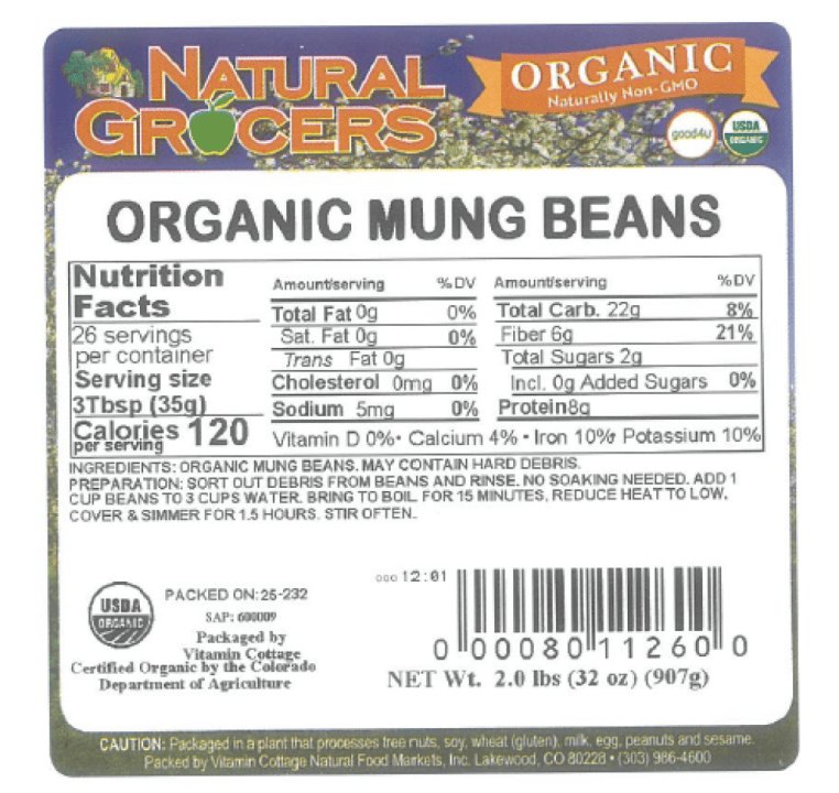 Nutrition facts label for a two-pound bag of organic mung beans with a UPC barcode.