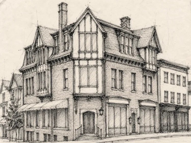 Pencil sketch of a multi-story Tudor Revival corner building with gabled rooflines and half-timbering.