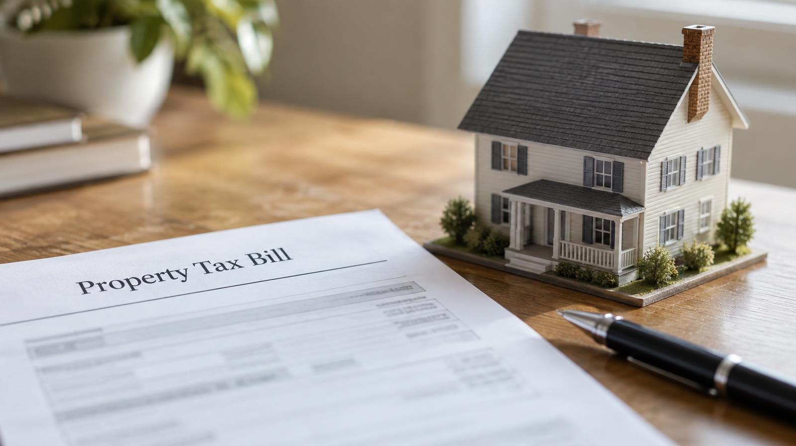 Small model house next to a document and pen on a wooden desk.