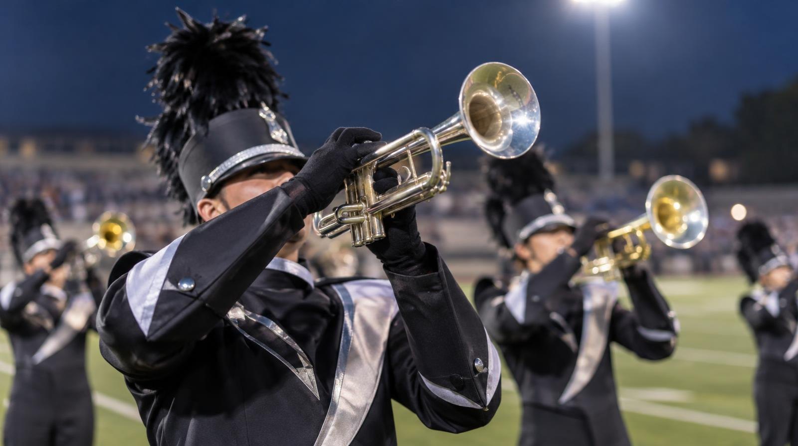 Marching band members in uniform playing brass instruments on a lit football field.