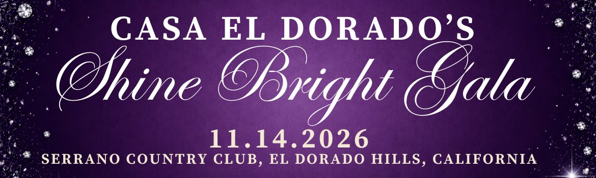 Purple and black event banner announcing the CASA El Dorado Shine Bright Gala with sparkle graphics.