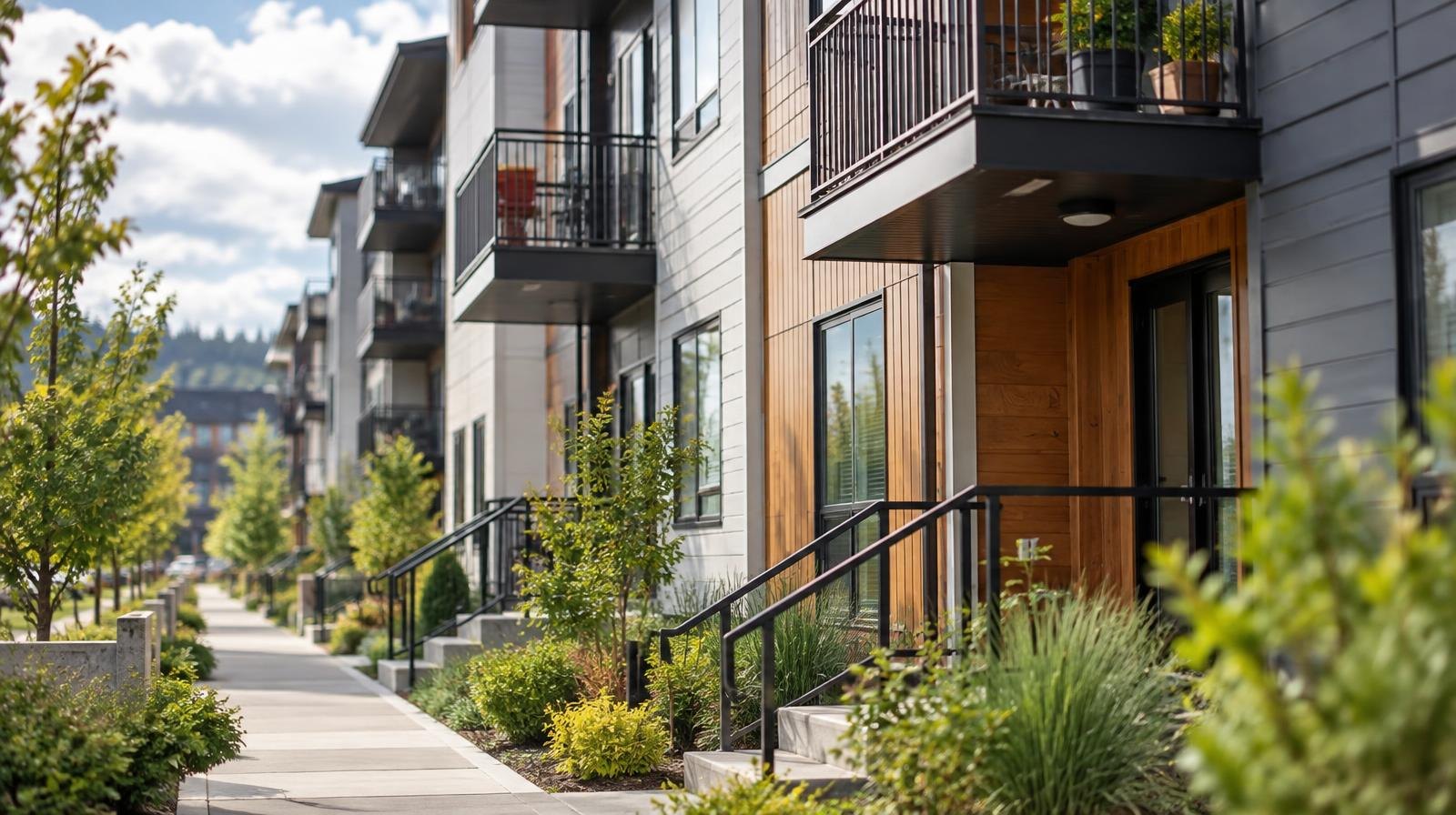 Newly constructed multi-story apartment buildings with balconies and landscaped walkways.