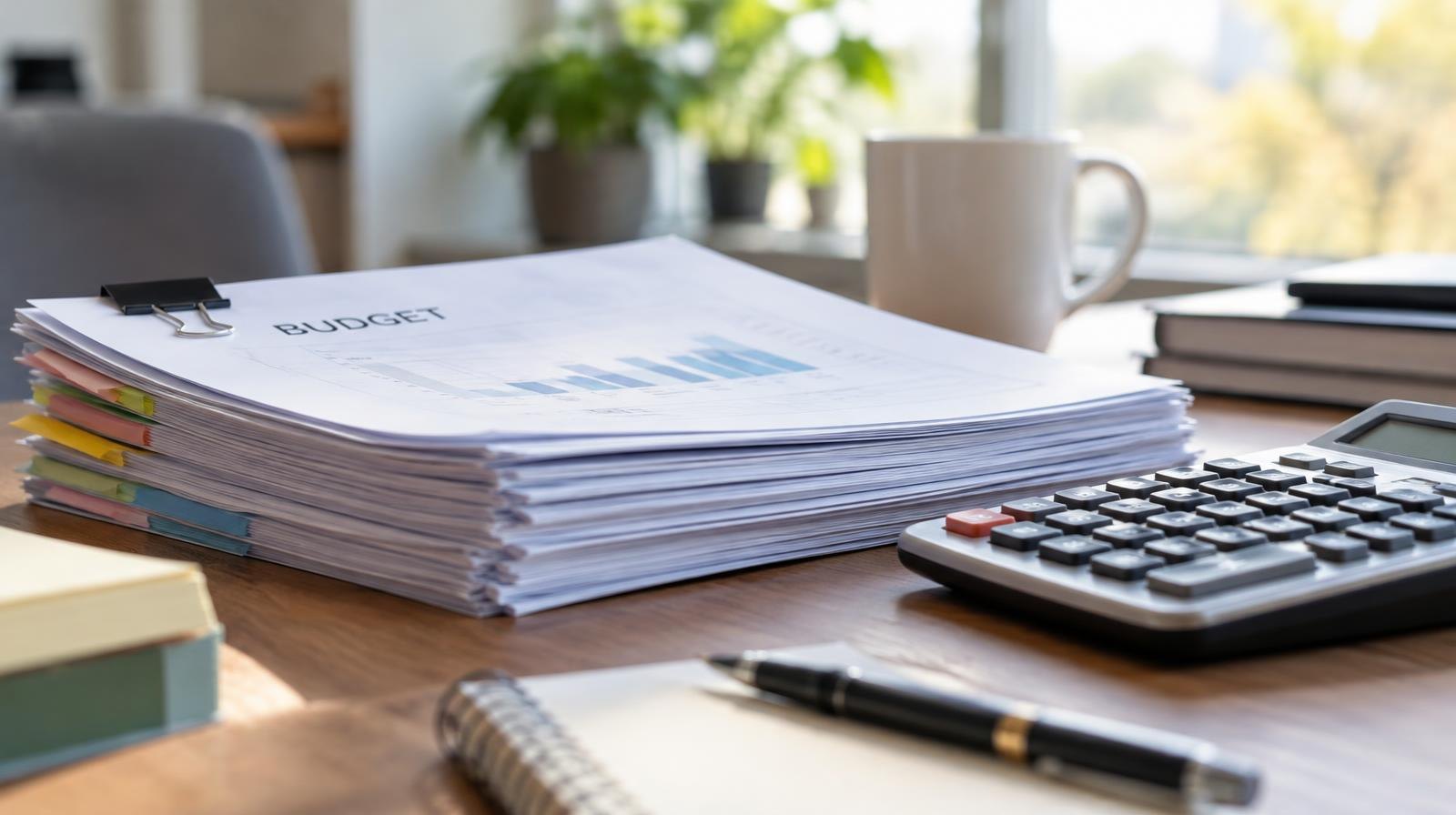 Stack of papers and a calculator resting on a wooden desk.