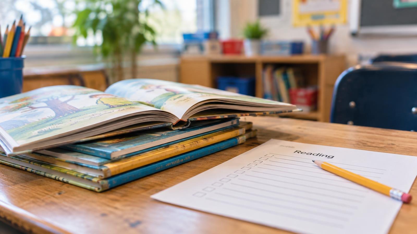 Colorful children's picture books open on a wooden classroom table beside a pencil.