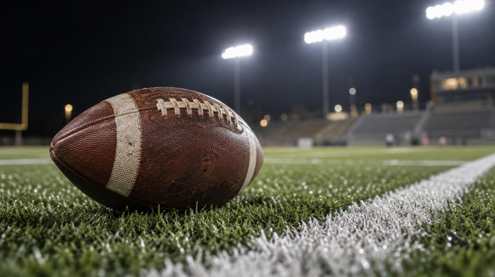 An American football resting on green artificial turf beside a white yard line under stadium lights.